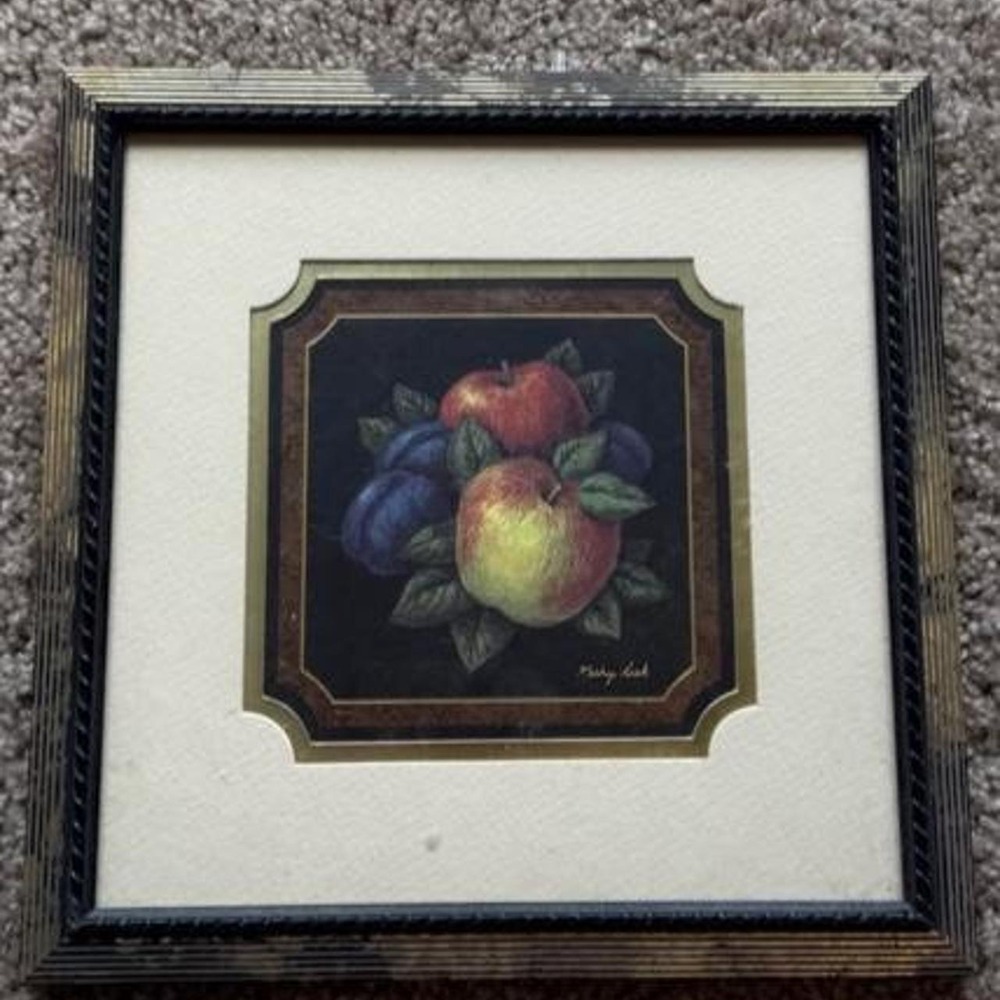 Vintage Framed Fruit Still Life Painting Apples Plums Signed Mary Kay Art